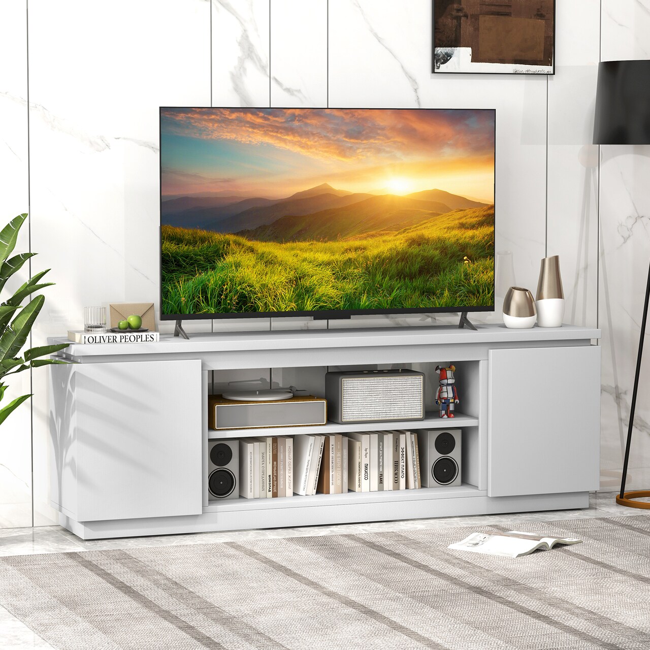70" Entertainment TV Center with 3 Adjustable and Removable Shelves and 2 Enclosed Cabinets